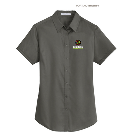 NEW INSIGNIA - Port Authority® Ladies Short Sleeve SuperPro™ Twill Shirt - Sterling Grey